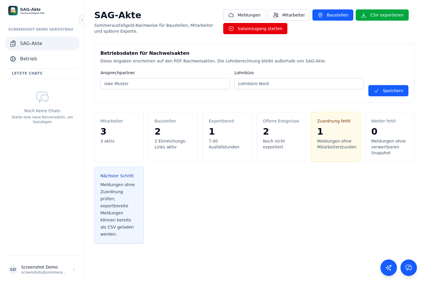 SAG-Akte Dashboard mit Betriebsdaten, Kennzahlen und Exportstatus.