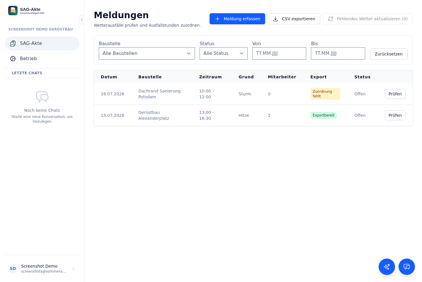 Übersicht wetterbedingter Ausfallmeldungen mit Status und Zuordnung.