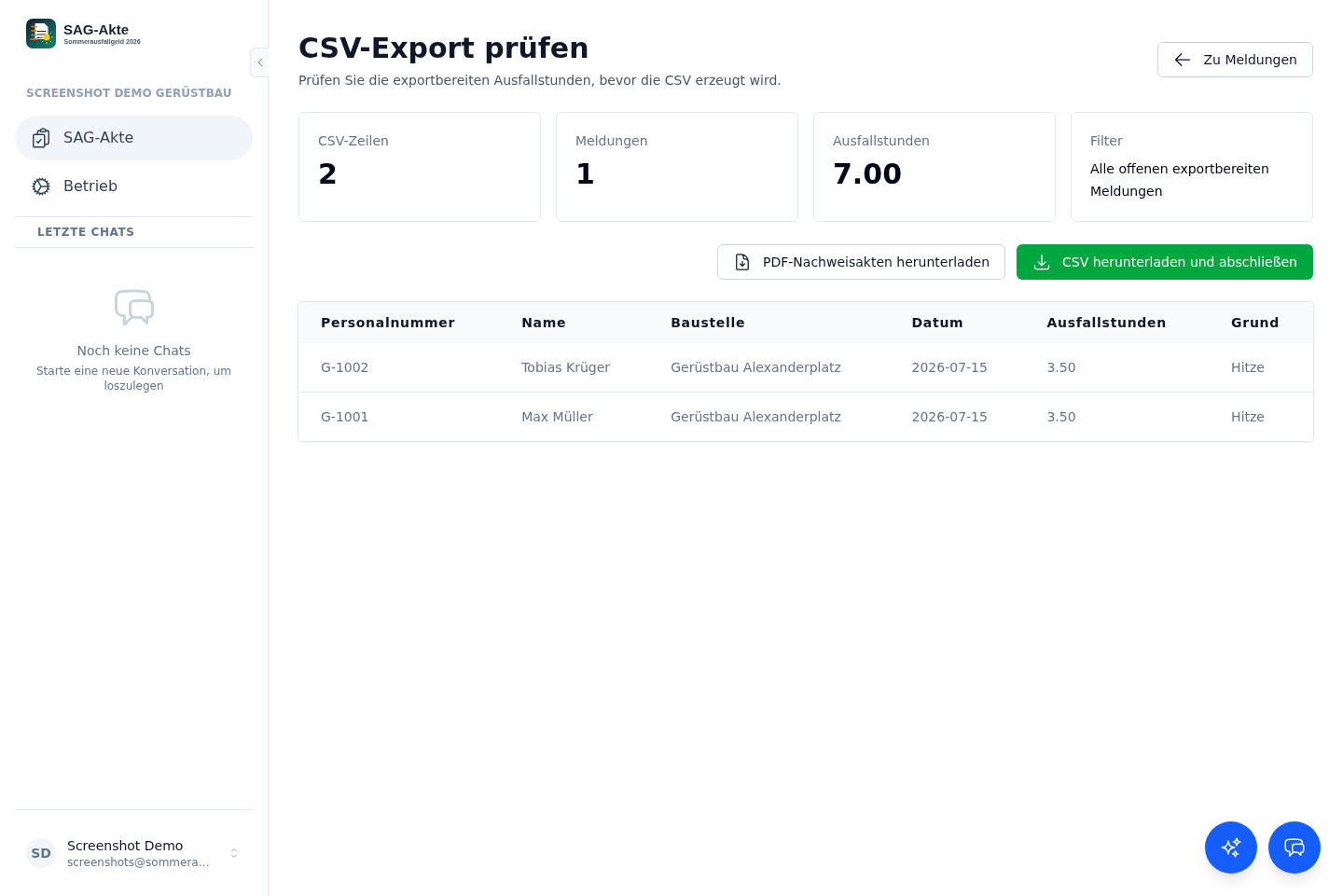 Exportvorschau mit CSV-Zeilen für das Lohnbüro.