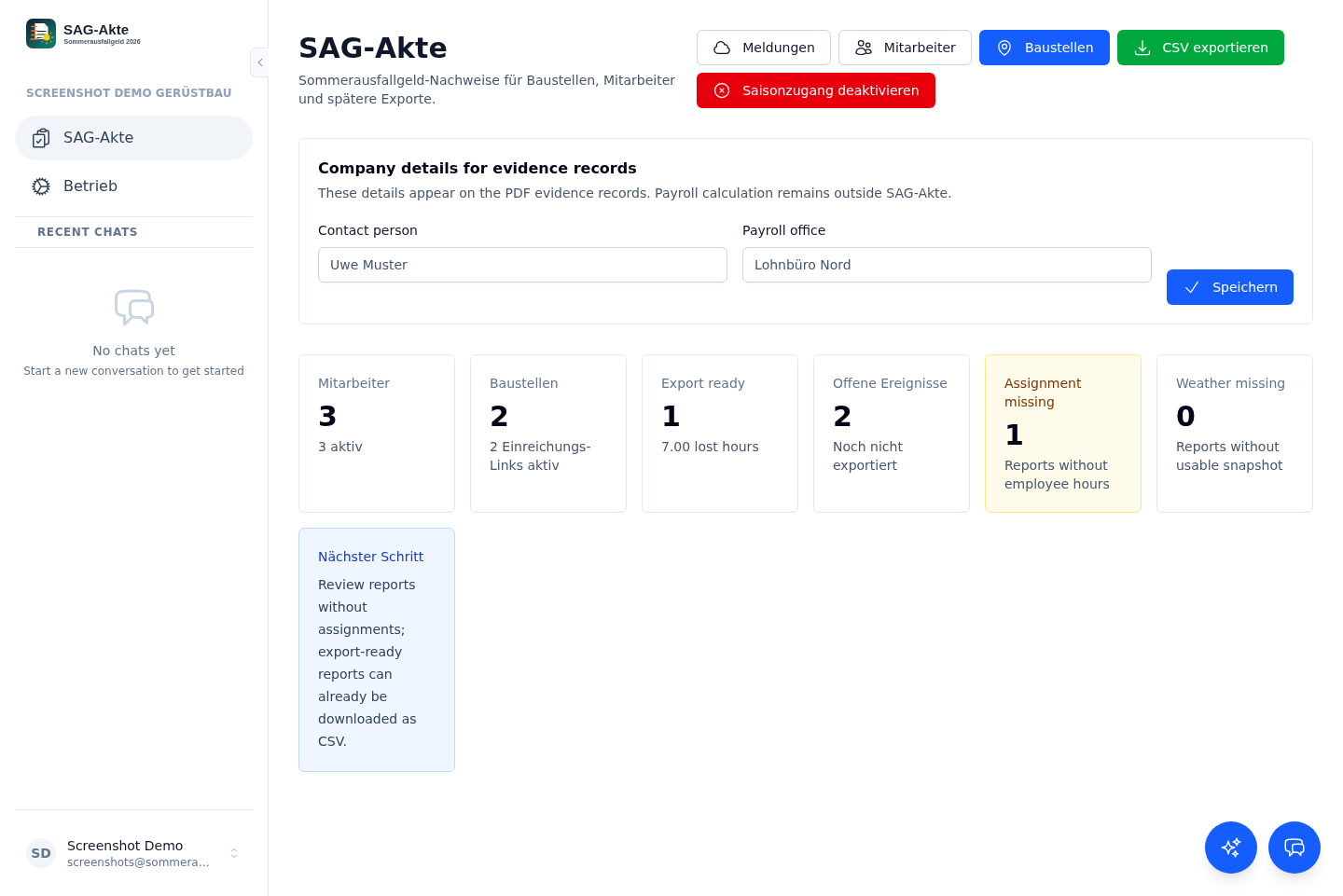 SAG-Akte Dashboard mit Betriebsdaten, Kennzahlen und Exportstatus.