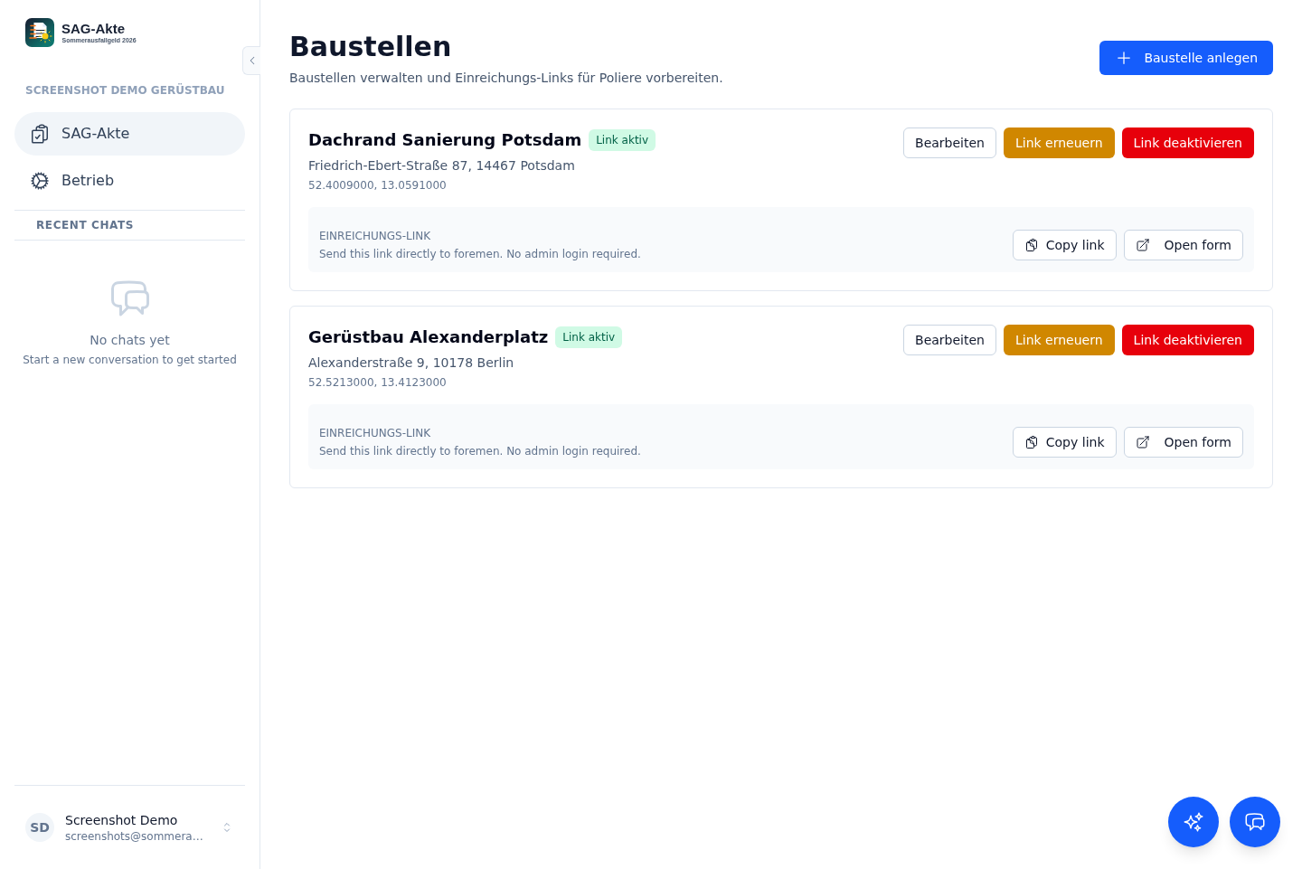 Baustellenübersicht mit token-geschützten Einreichungslinks.