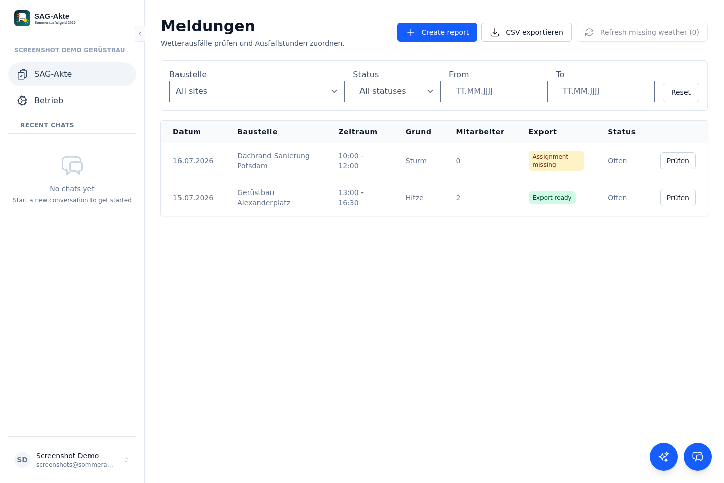 Übersicht wetterbedingter Ausfallmeldungen mit Status und Zuordnung.