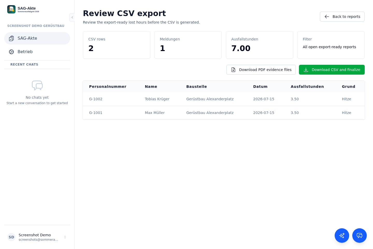 Exportvorschau mit CSV-Zeilen für das Lohnbüro.