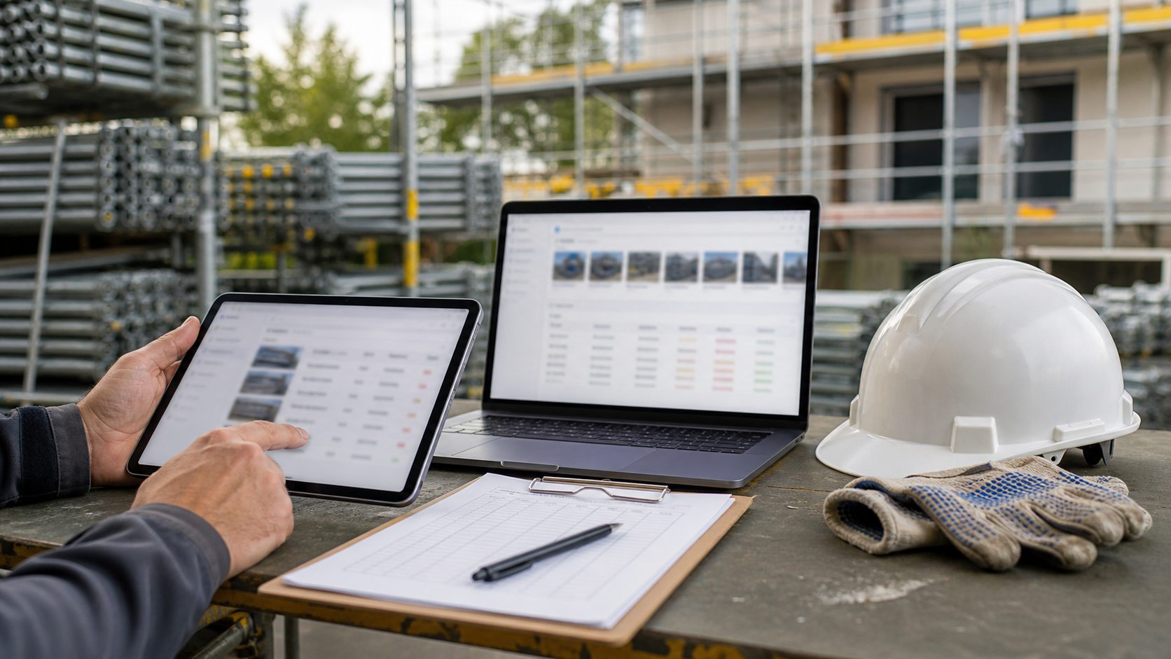 Tablet und Laptop mit unscharfer Baustellenübersicht neben Helm und Handschuhen am Gerüst.