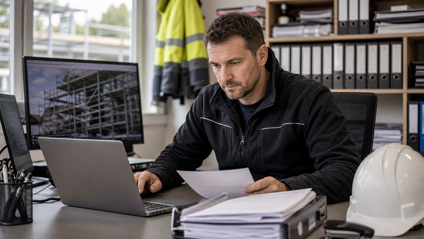 Kaufmännischer Mitarbeiter prüft Sommerausfallgeld-Unterlagen im Gerüstbau-Büro.