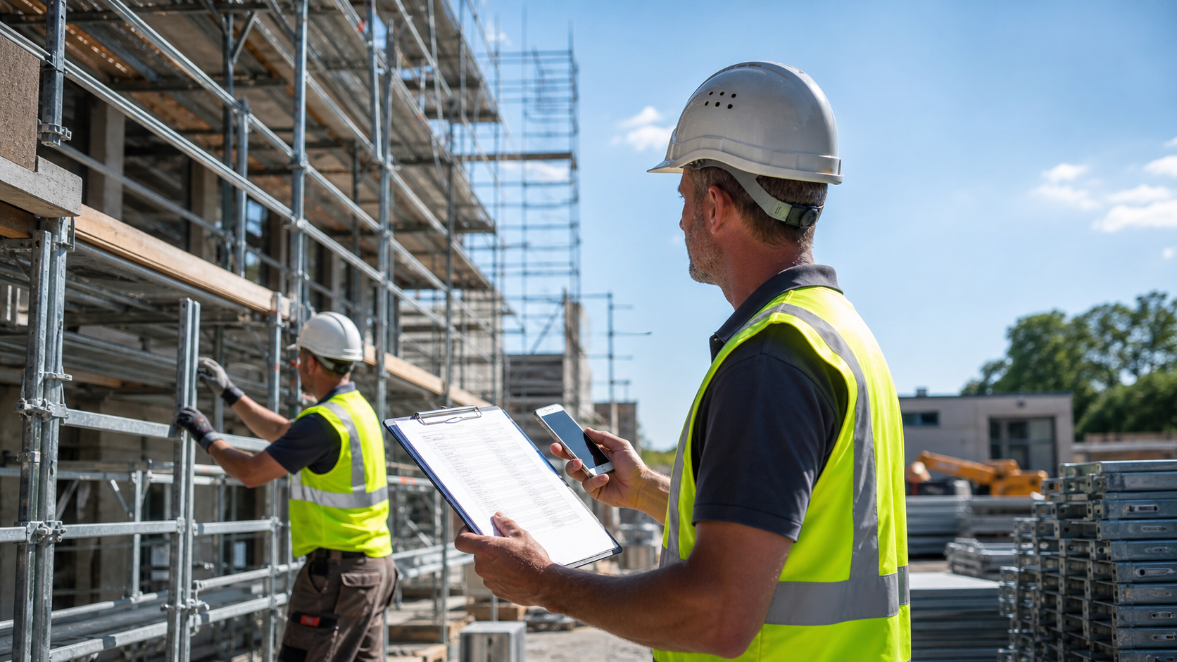 Gerüstbau-Polier prüft eine Checkliste und ein Smartphone direkt an der Baustelle.