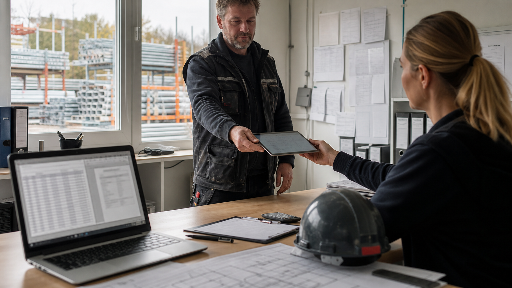 Gerüstbau-Polier übergibt digitale Unterlagen im Büro an die Lohnvorbereitung.