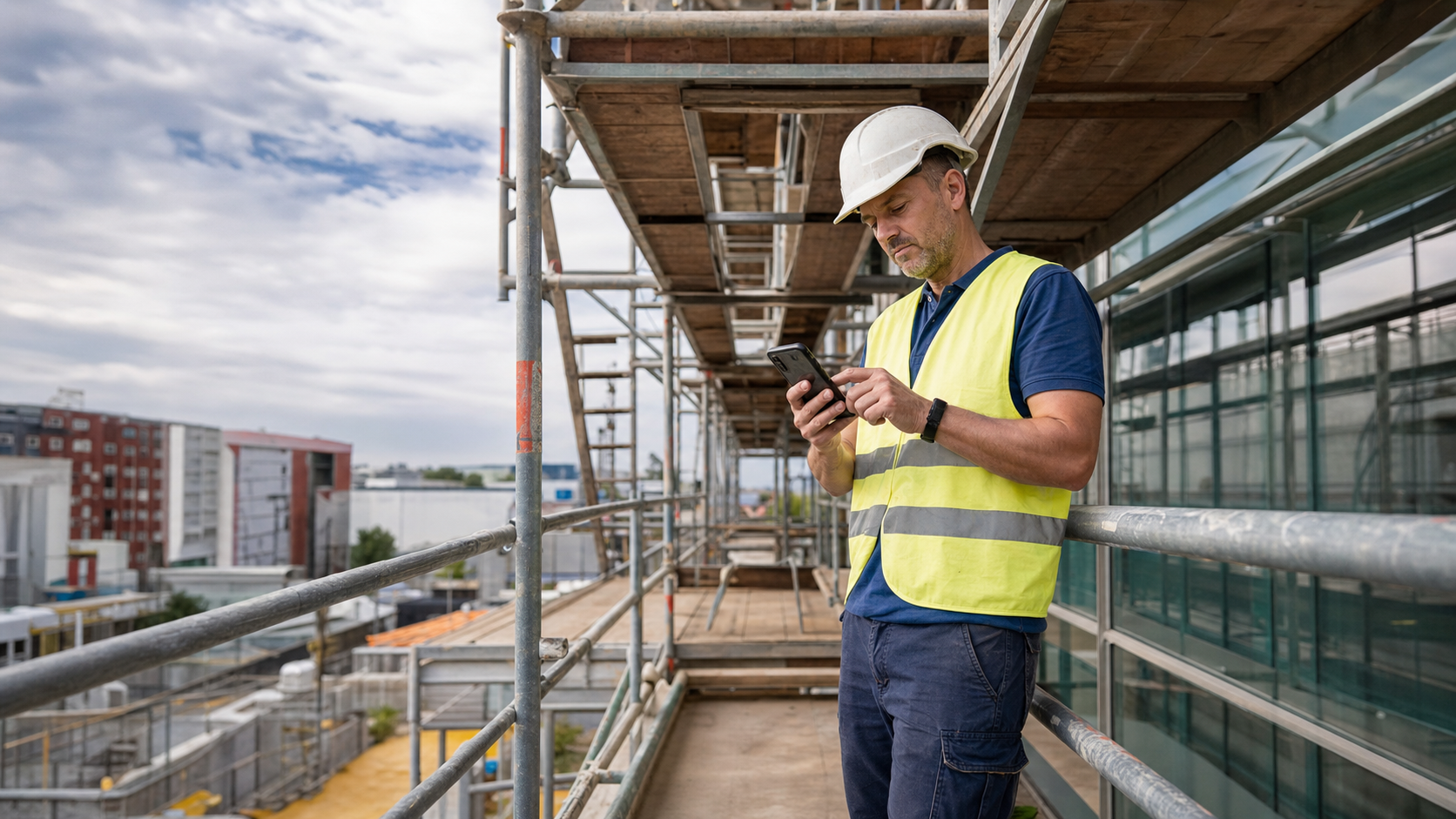Polier dokumentiert einen Baustellen-Ausfall am Metallgeruest per Smartphone.