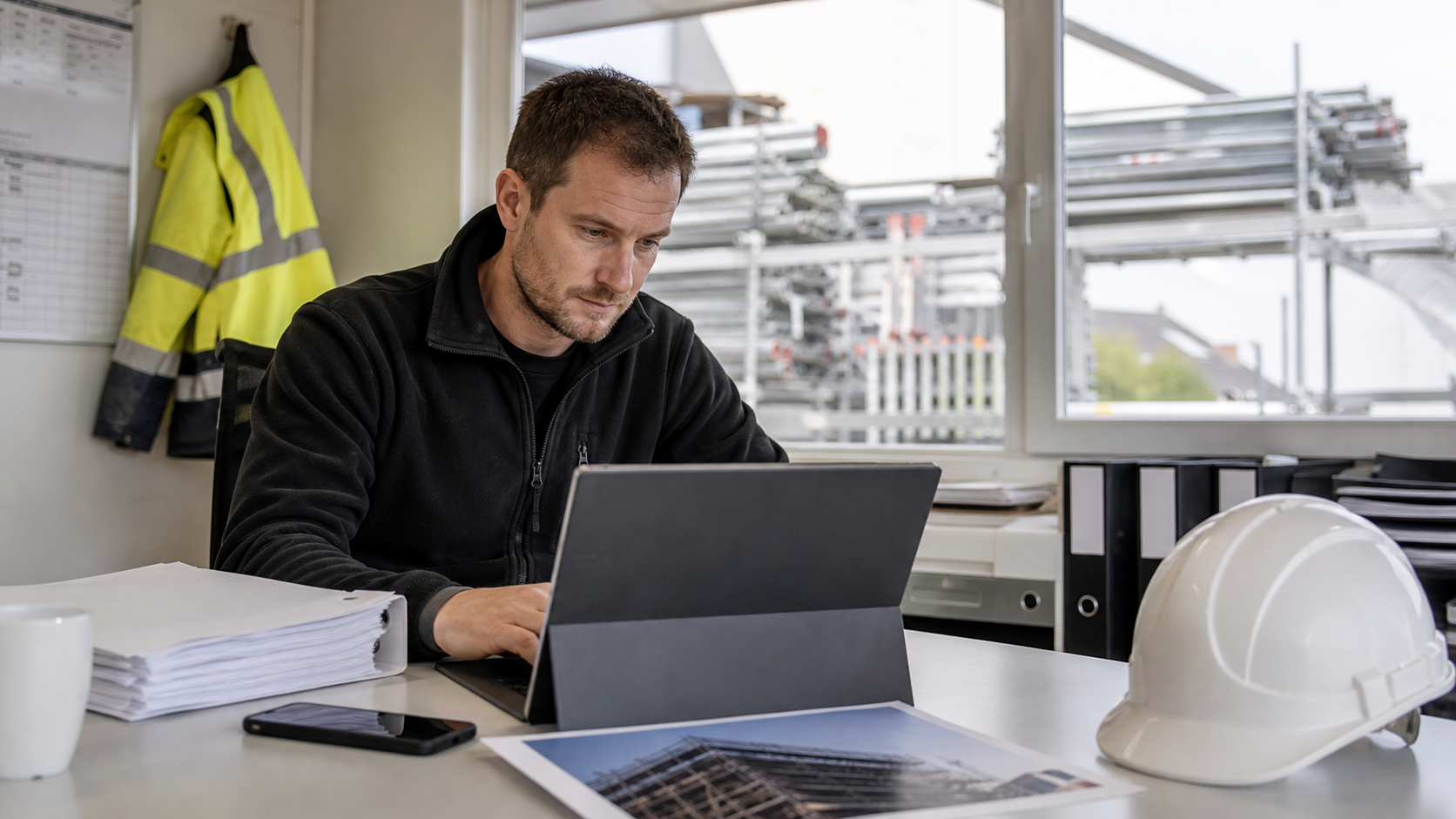 Mitarbeiter eines Gerüstbau-Betriebs prüft digitale Unterlagen im Büro mit Gerüst im Hintergrund.
