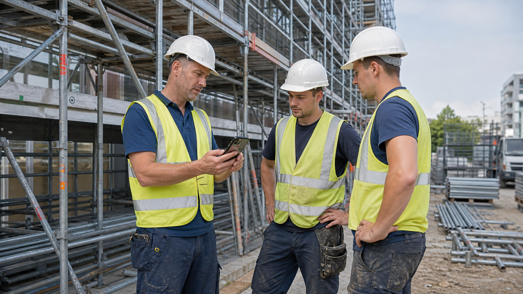 Gerüstbau-Team nutzt ein Smartphone vor einem Metallgerüst auf der Baustelle.